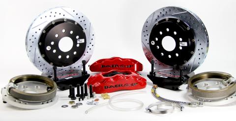 Brake System 14 Inch Rear Pro+ w/Park Brake Red 05-14 Mustang W/Currie 9 Inch Rear Axle Conversion BAER Brakes