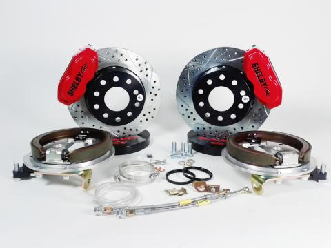 Brake System 13 Inch Rear SS4+ w/Park Brake Shelby Logo Red Ford 9 Inch W/5 on 4.5 Torino Bearing BAER Brakes
